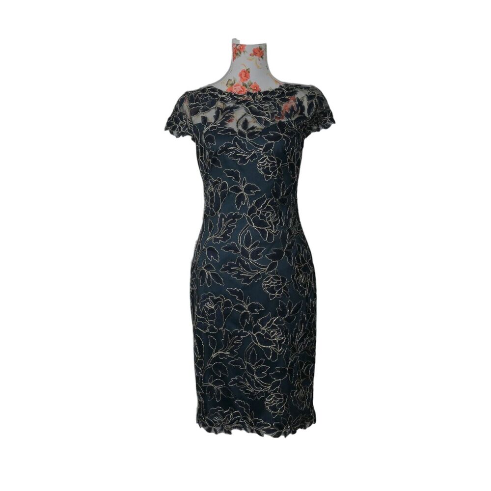 NWT Tadashi Shoji Sz 4 Gold Embroidered Lace Boatneck Midi Gown Dress Dark Teal